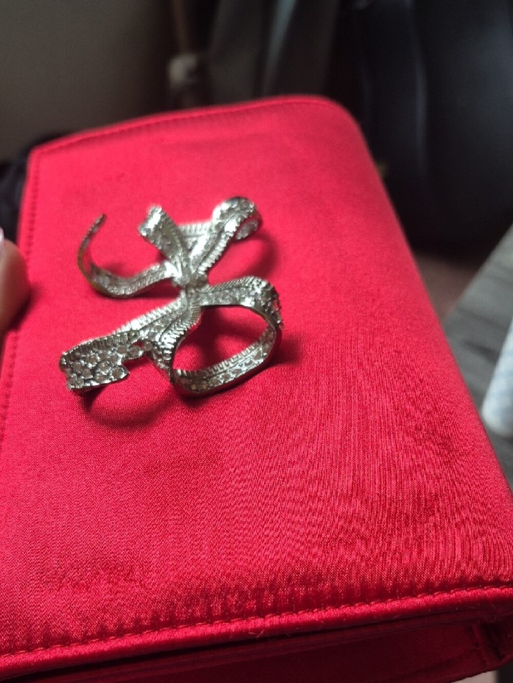 Red Satin Evening Clutch with Crystal Rhinestone Bow Accent - Picture 10 of 10